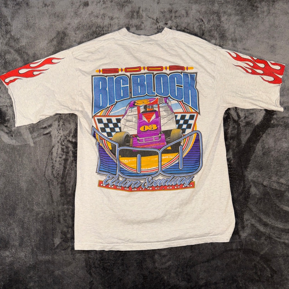 Vintage 2003 Big Block 100 Eldora Speedway Racing T-Shirt Mens Large Gray Flame